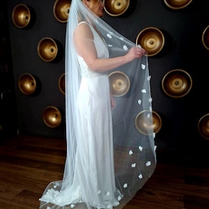 Floor length veil ivory custom wedding veil with trim flowers Textured bridal veils with floral veil trim Cathedral veil in trim flower veil