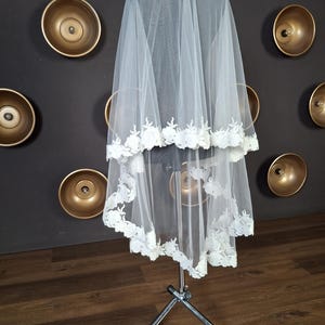 Two tier lace veil floor length ivory flower lace blusher veil 2 tiers lace mantilla veil Wedding cathedral veil with lace trim Wedding veil