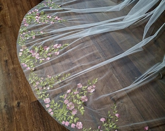 Colorful Floral Wedding Veil with Lace Embroidery Cathedral  wildflower veil embroidered floral fairytale flower color bridal veil colored