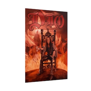 May include: A poster featuring the word "DIO" in red gothic lettering above an image of a person seated on a throne. The person is holding a glass, with a fiery background. The throne is ornate and dark.