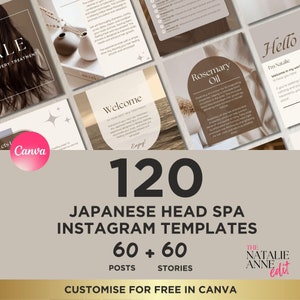 Japanese Head Spa Marketing Content Bundle: 120 Customizable Head Spa Massage Instagram Templates for Beauty Business Hair Spa Massage