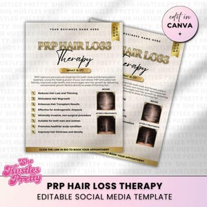 May include: A social media template for PRP hair loss therapy. The design features a gold and white color scheme with before and after images of hair growth. The text includes the phrase "edit in Canva."