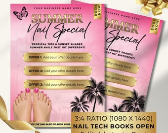 Editable Nail Summer Bookings Flyer: Pink & Gold Canva Template