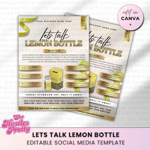 Pode incluir: Um modelo de mídia social para "Lemon Bottle" com dois folhetos. O design inclui texto e gráficos, uma fita métrica amarela, imagens de produtos e a frase "Let's Talk Lemon Bottle". O modelo foi projetado para promover serviços.
