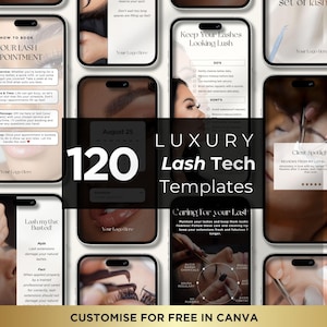 Lash Tech Artist Marketing Content Bundle: 120 Customizable Lash Extension Technician Instagram Luxury Templates for Instagram Social Media