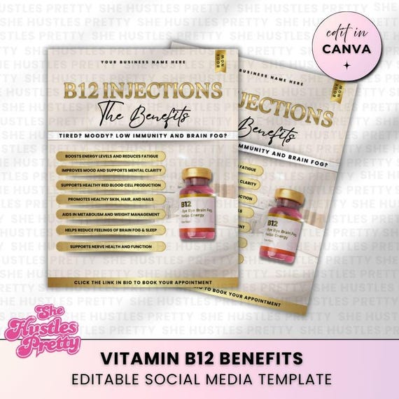 B12 Injection Benefits Social Media Template | Salon Marketing | Nurse  Injector Editable Canva Post | Beige and Gold Branding | BEG