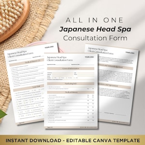 May include: A three-page Japanese Head Spa Client Consultation Form template in a beige and brown colour scheme. The form includes sections for general information, medical history, consent and acknowledgement, and signature and agreement. The form is designed for use in a spa or salon setting.