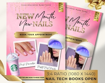 Editable Nail Bookings Flyer: Pink & Gold Canva Template (1080x1440 px)