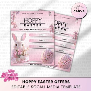 May include: Pink Hoppy Easter social media template featuring a bunny, Easter egg, and floral decorations. The template provides space for offers and business details. Text includes "Hoppy Easter" and "Some 'bunny' needs a pamper day!"