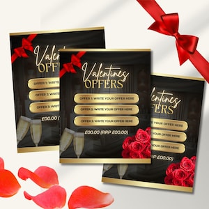 Peut inclure: Trois cartes d'offres de la Saint-Valentin noires et dorées avec des roses rouges et des coupes de champagne. Les cartes portent le texte "Valentines Offers" et trois espaces pour écrire des offres. Le texte sur les cartes est "Offre 1 : Écrivez votre offre ici", "Offre 2 : Écrivez votre offre ici" et "Offre 3 : Écrivez votre offre ici".