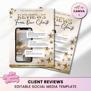 May include: A social media template with a gold and white design, featuring client reviews. The design includes gold stars, the text "Reviews From Our Clients," and a phone mockup displaying testimonials. The template is editable in Canva.