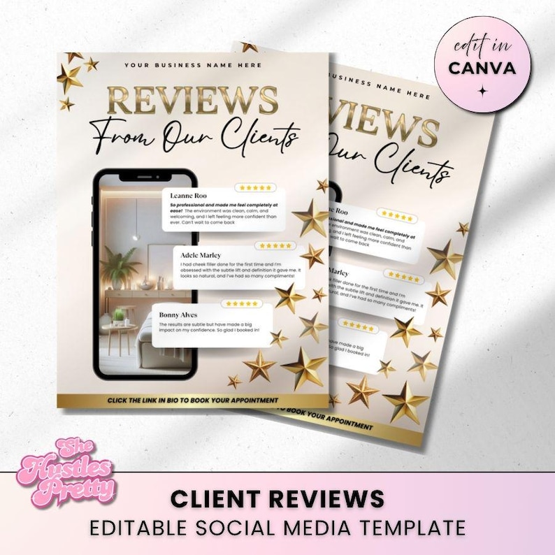 Client Review Instagram Template: Beige & Gold Beauty Post (canva ...