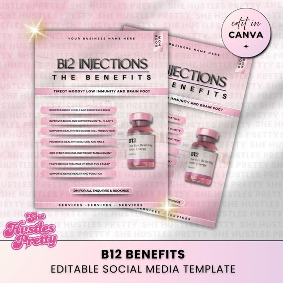 diy b12 injections B12 Injection Social Media Post: Aesthetician Marketing, DIY Canva  Template, Editable Flyer for Instagram