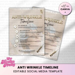 May include: Two beige Anti-Wrinkle Timeline templates with gold text and syringe illustrations. The templates include sections for treatment days, settling, full results, duration, and next appointment. The phrase "Edit in Canva" is in a pink circle.
