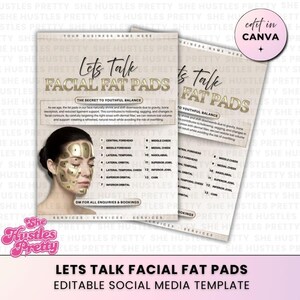 May include: A social media template for "Facial Fat Pads" with a woman's face marked with numbered areas. The design includes text and the option to "Edit in Canva."