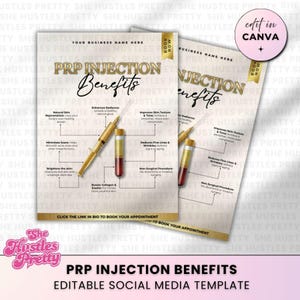 May include: A social media template for PRP injection benefits. The design features two flyers with gold accents, syringes, and text. The text includes "PRP Injection Benefits" and "Edit in Canva."