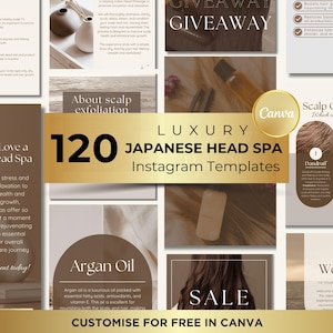 Japanese Head Spa Marketing Content Bundle: 120 Customizable Head Spa Massage Instagram Templates for Beauty Business Hair Spa Massage