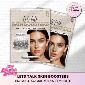 Könnte beinhalten: Eine Social-Media-Vorlage mit dem Titel „Let's Talk Skin Boosters“. Das Design zeigt das Gesicht einer Frau und den Text „The Ultimate Drink for Your Skin“. Die Vorlage enthält den Text „Edit in Canva“.