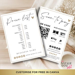 Bewerkbare canvassjabloon DIY-prijslijst Modern esthetisch met betalingsbord voor beautybedrijf dubbelzijdig direct downloaden