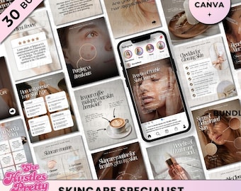 Plantillas de publicaciones de Instagram sobre cuidado de la piel: Contenido para redes sociales de esteticistas (Canva, 30 publicaciones editables)