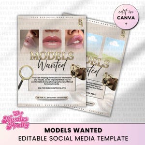May include: A social media template with the text "MODELS WANTED" in gold lettering. The design includes images of lips, vintage cameras, and a magnifying glass. The template is designed for beauty services.
