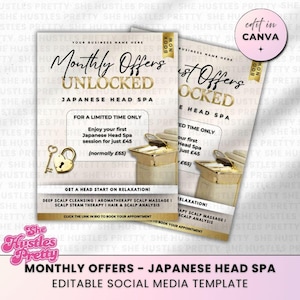 Japanese Head Spa Instagram Post Template: Beige & Gold Monthly Offer (Canva Editable, Digital Download