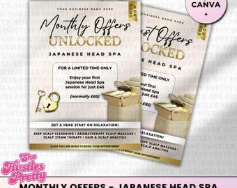 Japanese Head Spa Instagram Post Template: Beige & Gold Monthly Offer (Canva Editable, Digital Download