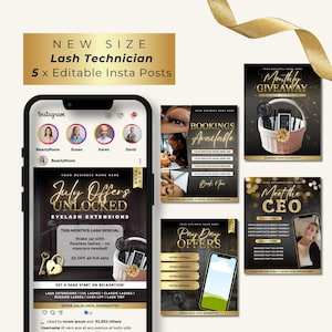 5 x Instagram Posts for Lash Techs, Insta Bundle, Lash Artist Flyers, Lash Extension Business Branding Kit, Luxury Editable Canva Templates