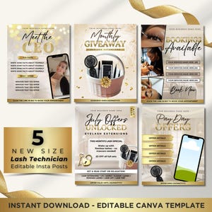 5 x Instagram Posts for Lash Techs, Insta Bundle, Lash Artist Flyers, Lash Extension Business Branding Kit, Luxury Editable Canva Templates