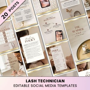 Lash Tech Artist Marketing Content Bundle: 20 Customizable Lash Technician Business Luxury Templates for Instagram Social Media | Neutral