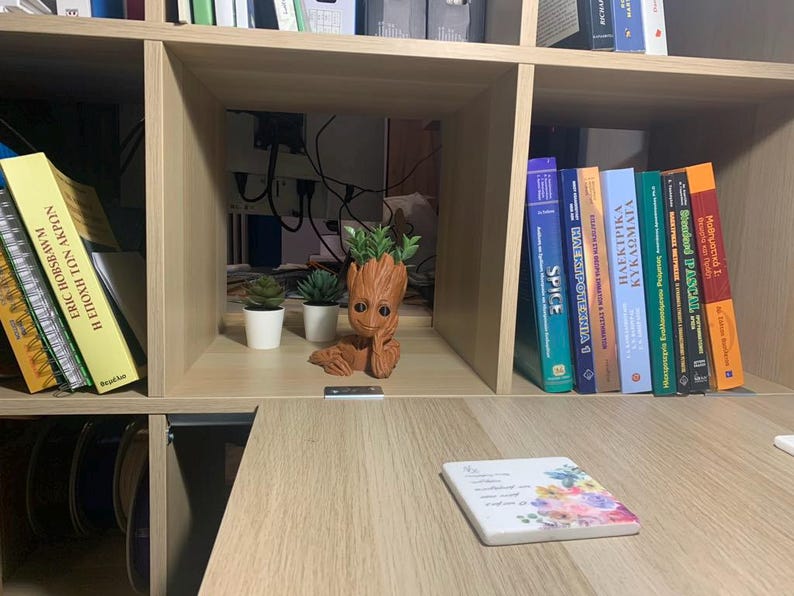 May include: A wooden bookshelf with a variety of books, including textbooks and novels. A small potted plant and a figurine of a character from the movie Guardians of the Galaxy are on the shelf. A wooden table with a white coaster is in the foreground.