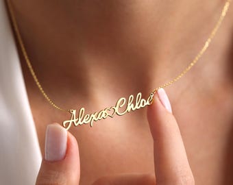 Gepersonaliseerde dubbele naamketting: 14K vergulde sterlingzilveren hartketting