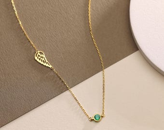 Personalized Sterling Silver Angel Wing Birthstone Memorial Necklace