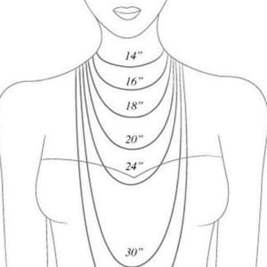 Op de afbeelding: Een lijntekening van de nek en schouders van een persoon met verschillende kettinglengtes aangegeven in inches. De lengtes zijn 14 inch, 16 inch, 18 inch, 20 inch, 24 inch, 30 inch en 33 inch.