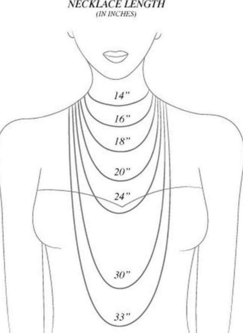 Op de afbeelding: Een lijntekening van de nek en schouders van een persoon met verschillende kettinglengtes aangegeven in inches. De lengtes zijn 14 inch, 16 inch, 18 inch, 20 inch, 24 inch, 30 inch en 33 inch.