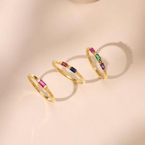 Personalized Baguette Birthstone Ring - Custom Family Birthstone Ring, Multi-Stone Stackable Ring, Mothers Day Gift - C2