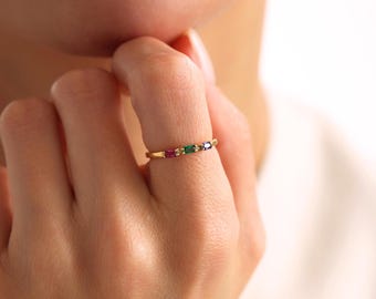 Personalized Baguette Birthstone Ring: Sterling Silver Stackable Family Jewelry