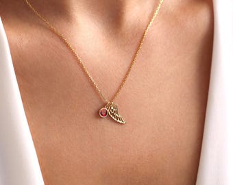Collar de plata de ley con alas de ángel y piedra de nacimiento: joyería conmemorativa