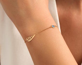 Pulsera de plata de ley con alas de ángel y piedra de nacimiento: regalo conmemorativo