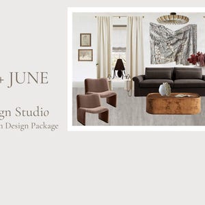 Puede incluir: Presentación de un estudio de diseño de interiores para un paquete de diseño personalizado de un solo espacio. La imagen muestra una sala de estar con un sofá marrón oscuro, dos sillas marrones y un sillón blanco. El texto incluye "BRIDGE + JUNE" y "Interior Design Studio."