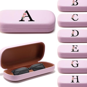Gepersonaliseerde bloemen brillenkoker - aangepaste leren brillendoos - AZ monogram cadeau voor haar - Zachtroze houder - brillenkoker