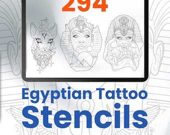 Könnte beinhalten: Ein digitaler Tablet-Bildschirm zeigt den Text 294 Egyptian Tattoo Stencils über drei schwarz-weißen Strichzeichnungen, die eine Katze, einen Pharao und einen Pharao mit einem Totenkopf darstellen. Der Hintergrund zeigt den Umriss eines Pharaos.