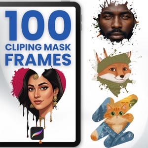 Puede incluir: Una tableta digital muestra el texto "100 CLIPPING MASK FRAMES" en azul y blanco. La tableta también muestra un retrato de una mujer, un retrato de un hombre, un zorro con sombrero y bufanda y un gato con mitones.