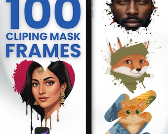 Könnte beinhalten: Ein digitales Tablet zeigt den Text "100 CLIPPING MASK FRAMES" in Blau und Weiß. Das Tablet zeigt auch ein Porträt einer Frau, ein Porträt eines Mannes, einen Fuchs mit Hut und Schal und eine Katze mit Fäustlingen.