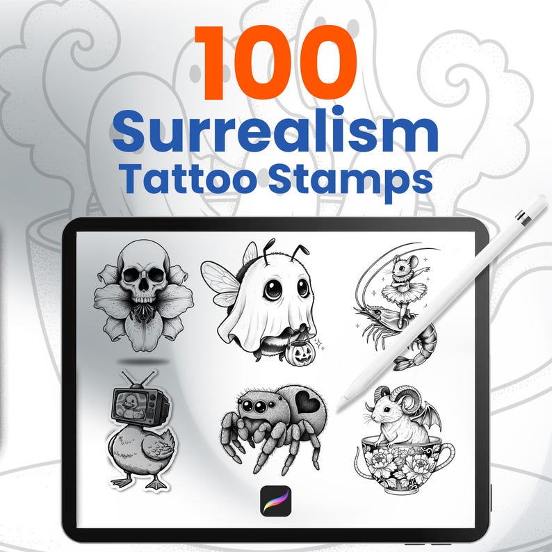 100 sellos de tatuaje surrealistas para Procreate Pinceles surrealistas para artistas digitales imagen 1