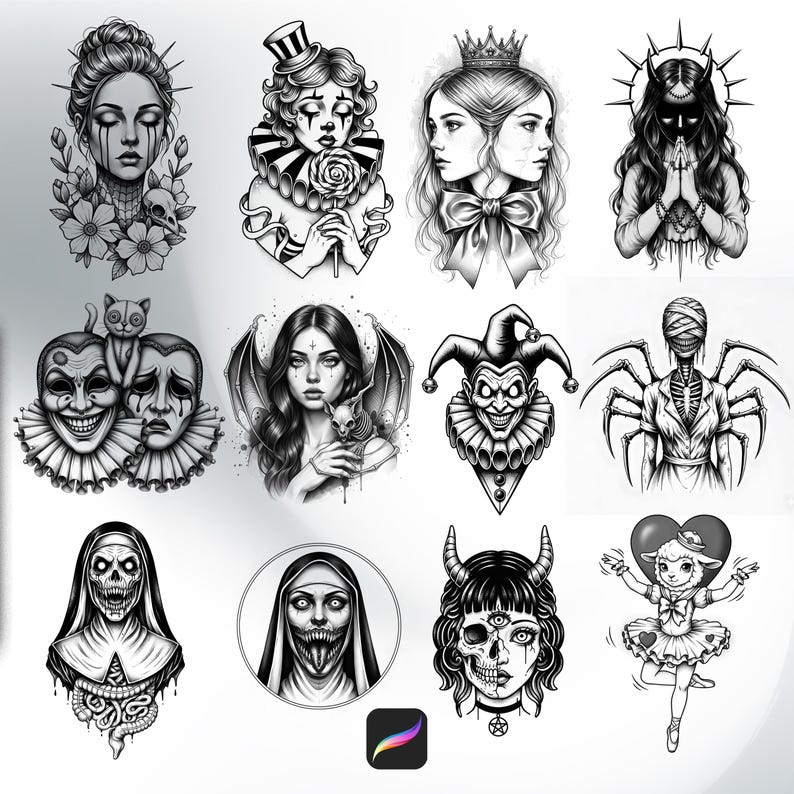 100 sellos de tatuaje surrealistas para Procreate Pinceles surrealistas para artistas digitales imagen 4
