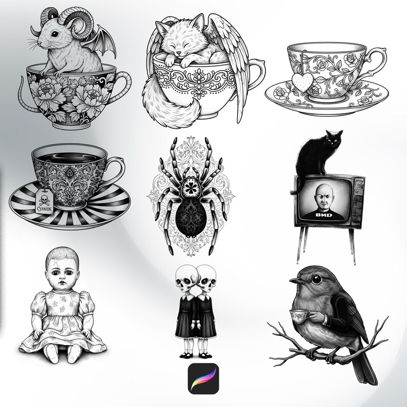 100 sellos de tatuaje surrealistas para Procreate Pinceles surrealistas para artistas digitales imagen 6
