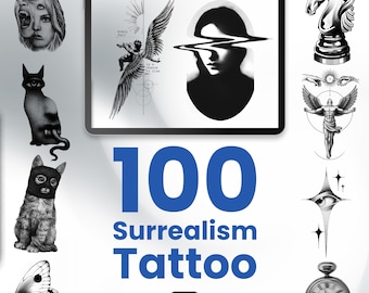 Könnte beinhalten: Ein digitales Tablet mit schwarz-weißen Tattoo-Designs, darunter ein Engel, ein Gesicht mit Glitch-Effekt, eine Katze, eine Schachfigur Pferd und eine Taschenuhr. Der Text 100 Surrealism Tattoo ist in Blau zentriert.