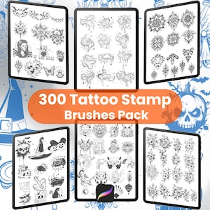 May include: A digital art pack with 300 tattoo stamp brushes. The image shows several digital tablets displaying tattoo designs, including floral, skull, and abstract patterns. The text "300 Tattoo Stamp Brushes Pack" is clearly visible.