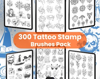 Könnte beinhalten: Ein digitales Kunstpaket mit 300 Tattoo-Stempelpinseln. Das Bild zeigt mehrere digitale Tablets mit Tattoo-Designs, darunter Blumen-, Schädel- und abstrakte Muster. Der Text "300 Tattoo Stamp Brushes Pack" ist deutlich sichtbar.